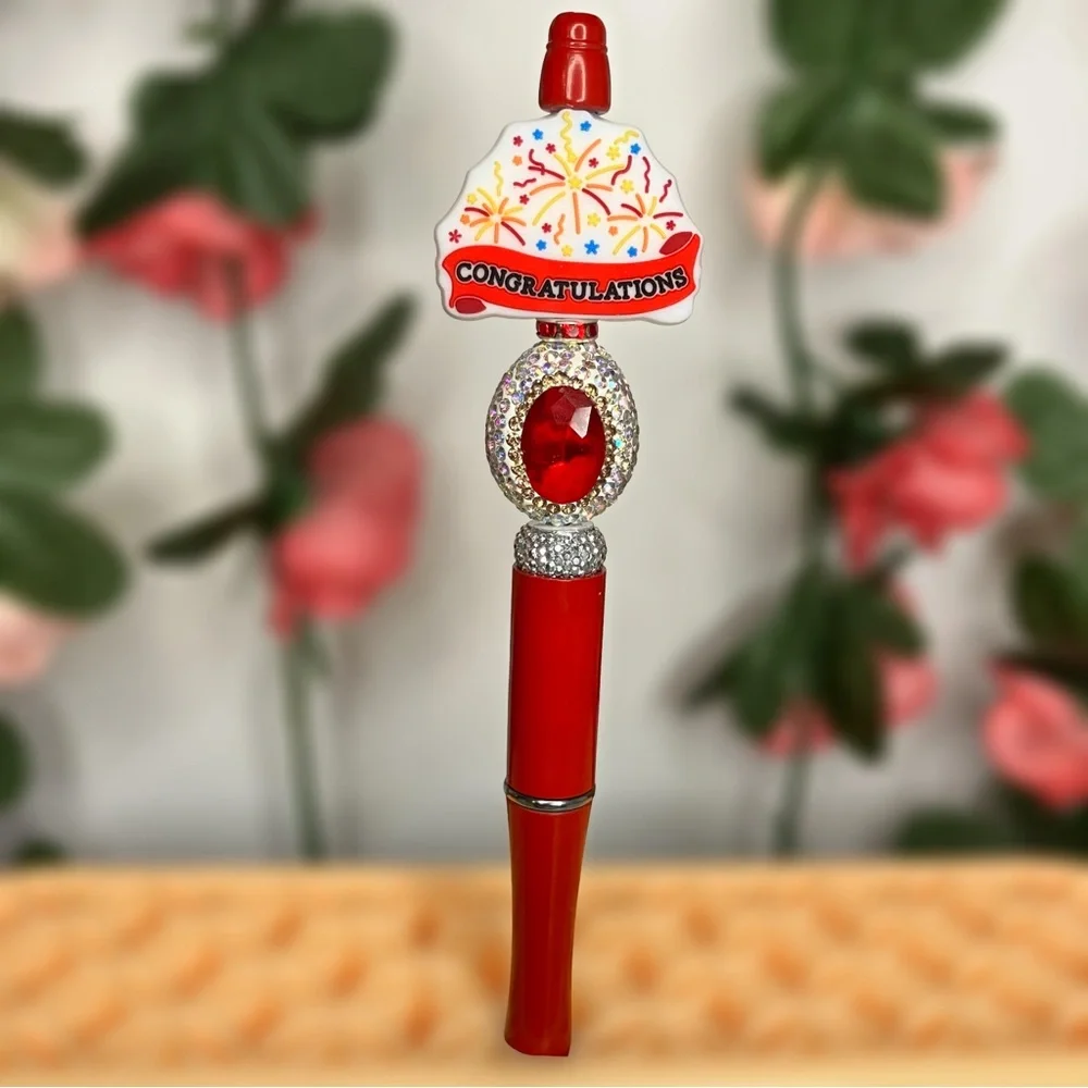 Red Congratulations Handmade Beaded Pen with Gemstone Accent